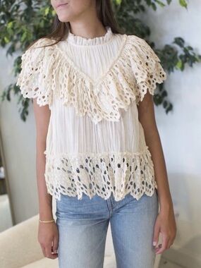 Sea NY Elsie Women's Cream Lace-Trim Pleated Blouse